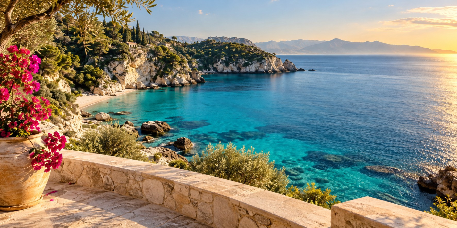 Sunlit Mediterranean bay with turquoise water and a stone terrace